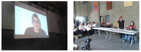 Izq.: Urko presentando la PornOrtopedia de Post-Op | Der. Nuria y Silvia presentando un adaptador de bolígrafo Fotos tomadas el 7 de junio durante la #primaveracacharrera por En torno a la silla CC BY