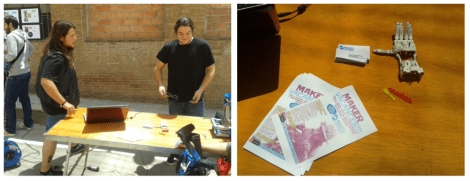 “Néstor y Dani de MakerConvent enseñan la mano protésica y la impresión 3D en la feria de objetos” Fotos tomadas el 7 de junio durante la #primaveracacharrera por En torno a la silla CC BY